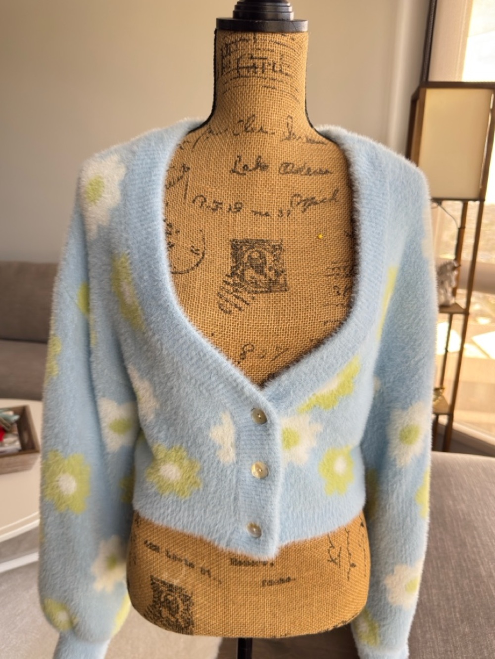 Kendall & Kylie Pale Blue and Pale Yellow Fuzzy Cropped Cardigan
